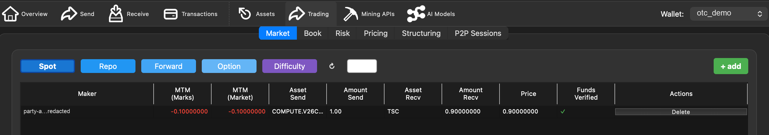 The wallet's Market tab showing a single spot offer: maker redacted, sending 1.00 COMPUTE.V26C2M, receiving 0.90000000 TSC, price 0.90000000, with a green tick in the Funds Verified column.