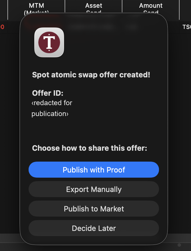 The wallet confirms the spot atomic swap offer and asks how to share it: Publish with Proof, Export Manually, Publish to Market, or Decide Later.