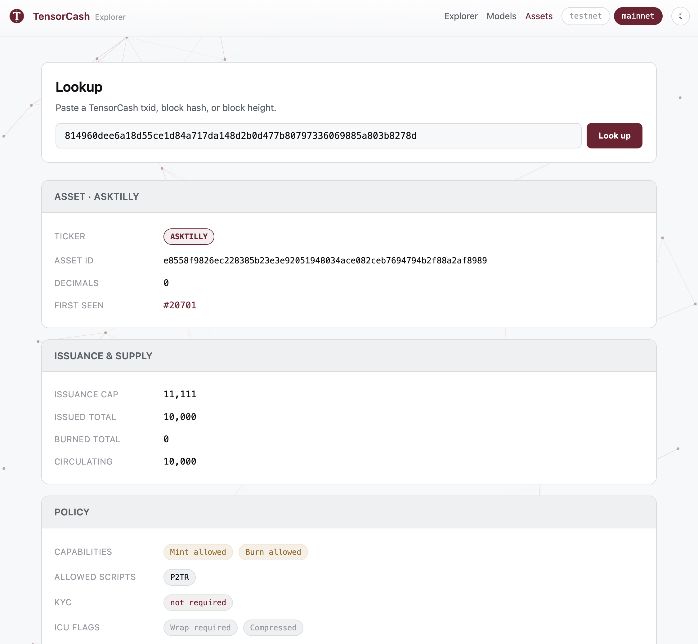 TensorCash explorer page for the ASKTILLY asset on mainnet: ticker ASKTILLY, decimals 0, issuance cap 11,111, issued total 10,000, circulating 10,000, with policy capabilities "Mint allowed" and "Burn allowed", allowed scripts P2TR, and KYC not required.