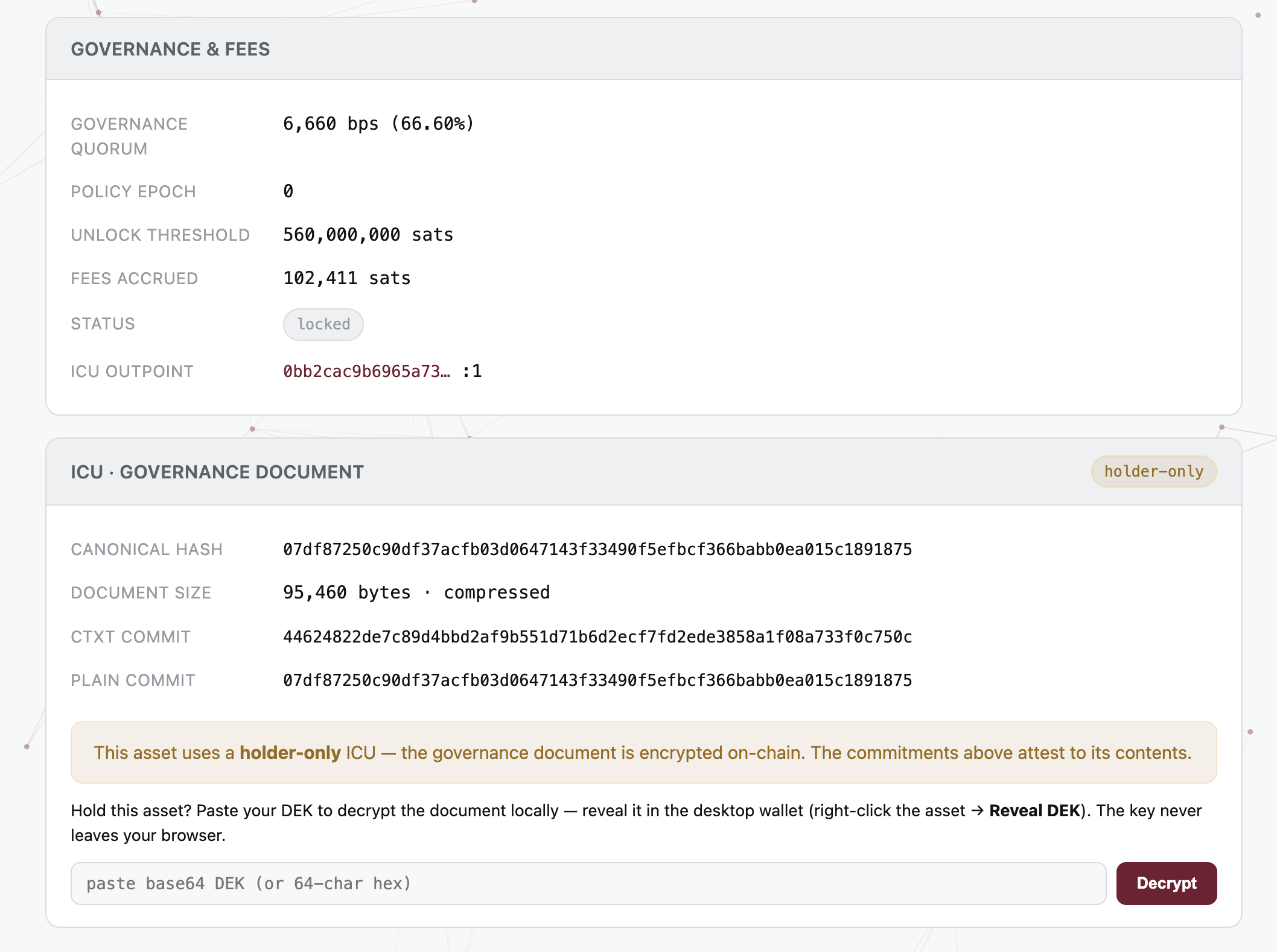 TensorCash mainnet explorer showing the ASKTILLY holder-only governance document: governance quorum 66.60%, canonical hash and ciphertext/plaintext commitments, a note that the document is encrypted on-chain, and a field where a holder can paste their key to decrypt it locally in the browser.