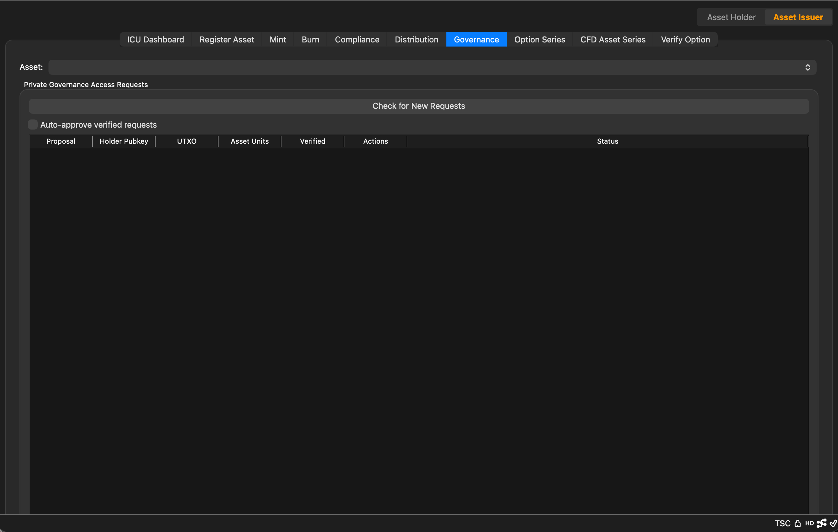 The issuer console in the TensorCash desktop wallet: an Asset Issuer mode with tabs for ICU Dashboard, Register Asset, Mint, Burn, Compliance, Distribution, Governance, Option Series, CFD Asset Series and Verify Option, showing the private governance access request queue.