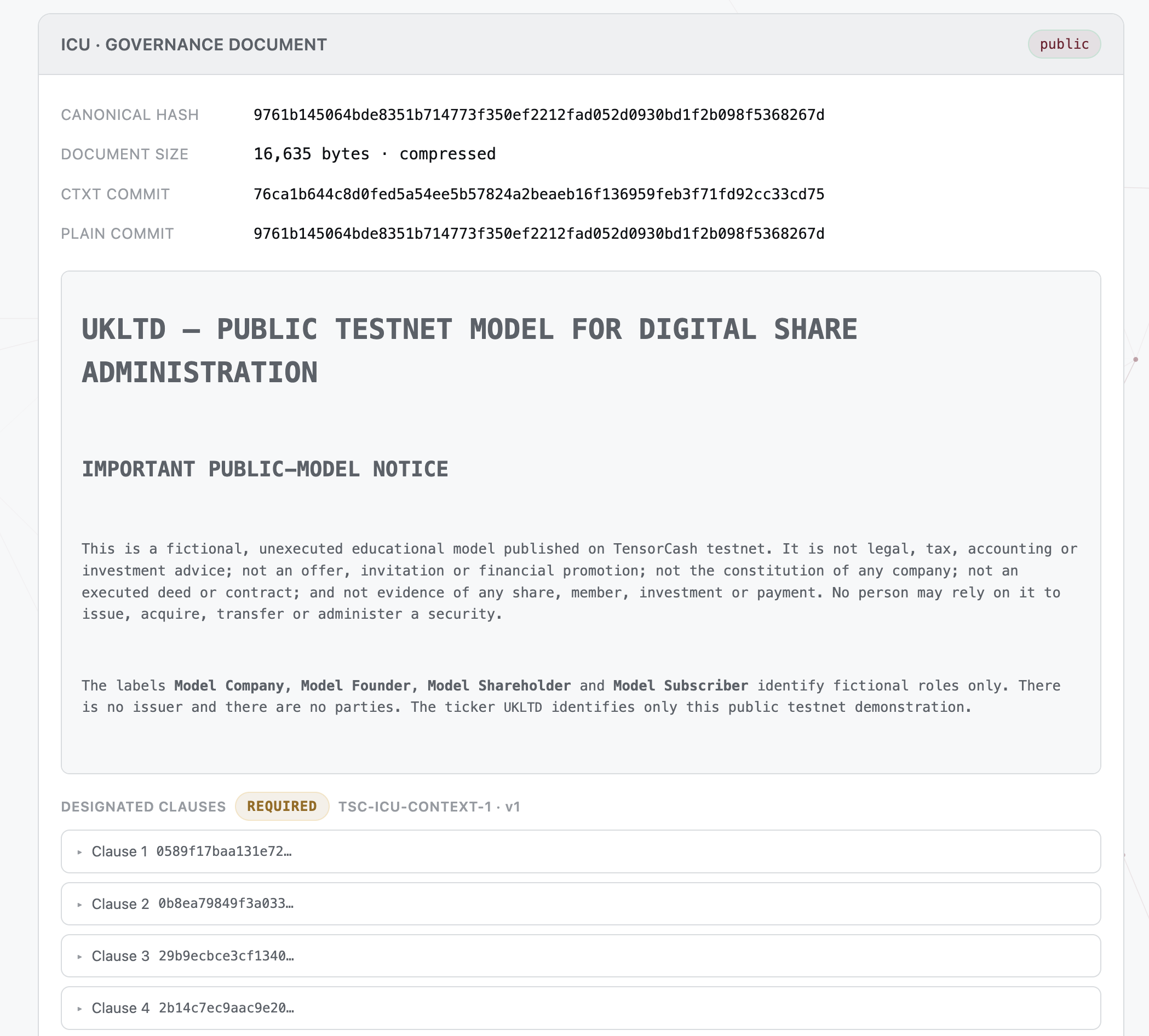 TensorCash testnet explorer showing the UKLTD public governance document: canonical hash, document size, commitments, the full "UKLTD — public testnet model for digital share administration" text with its public-model notice, and the required designated clauses.