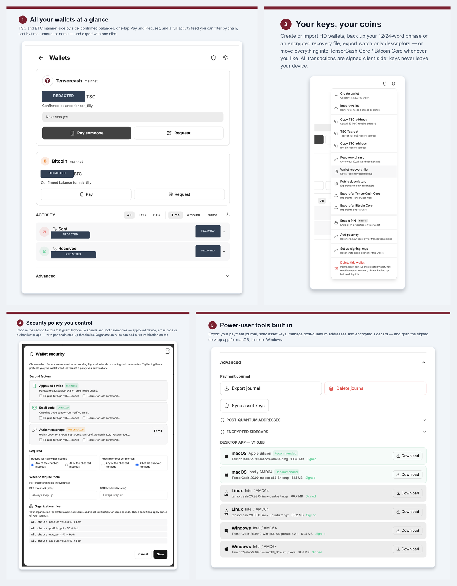 Four views of the AskTilly WebWallet: TSC and BTC wallets side by side with activity feed; the wallet menu with recovery phrase, watch-only descriptors and Core export; the wallet-security policy dialog with second factors and per-chain step-up thresholds; and the advanced panel with payment-journal export, post-quantum addresses, encrypted sidecars and signed desktop downloads.