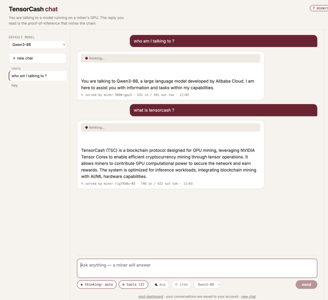 The Bob Labs TensorCash chat: a conversation with Qwen3-8B where each reply is annotated "served by miner 3090-gpu3 · 633 in / 441 out tok". The composer offers thinking mode, tools, MCP and cron controls.
