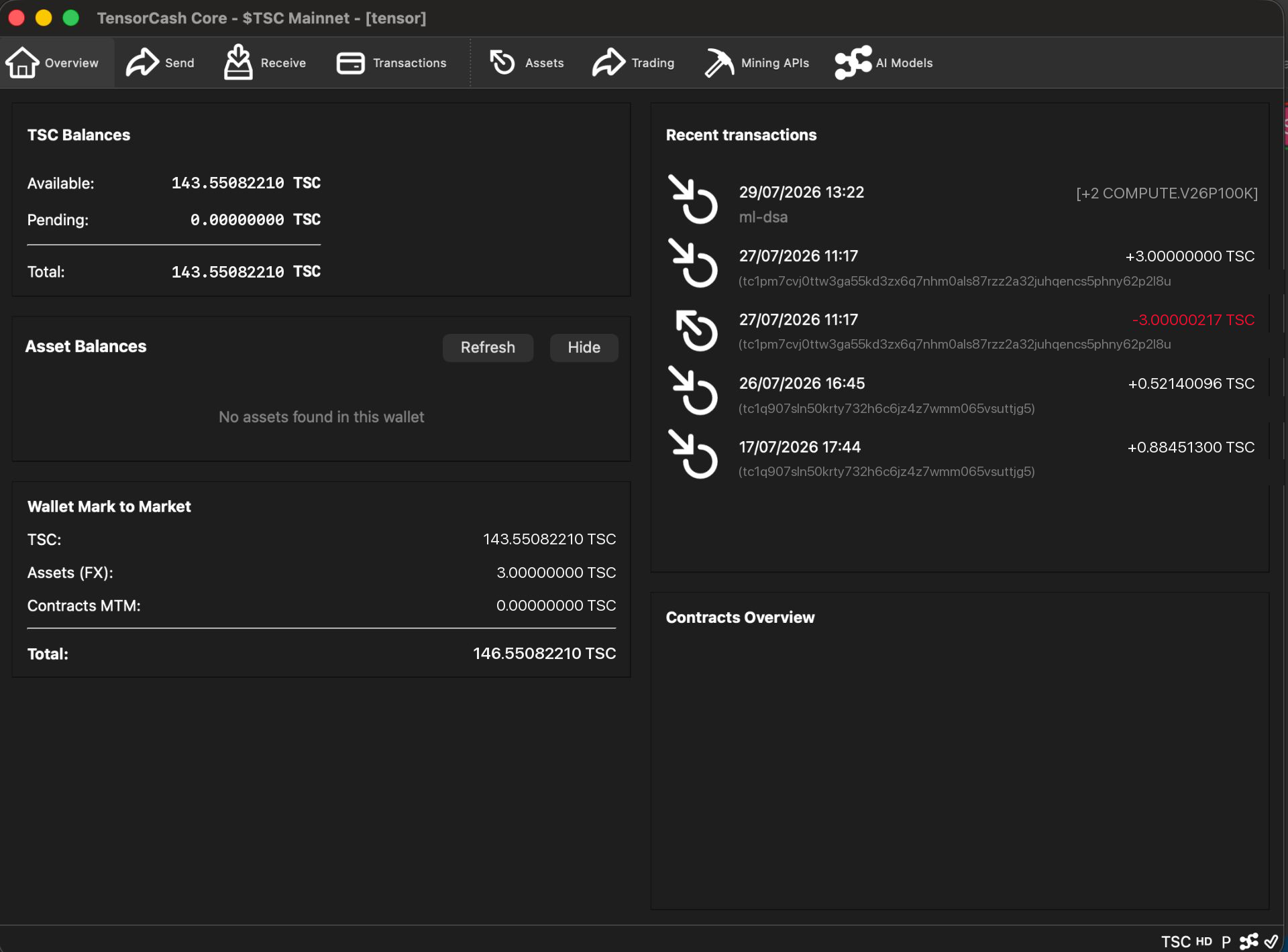 TensorCash desktop wallet Overview showing a recent transaction receiving a COMPUTE.V26P100K asset, tagged "ml-dsa".
