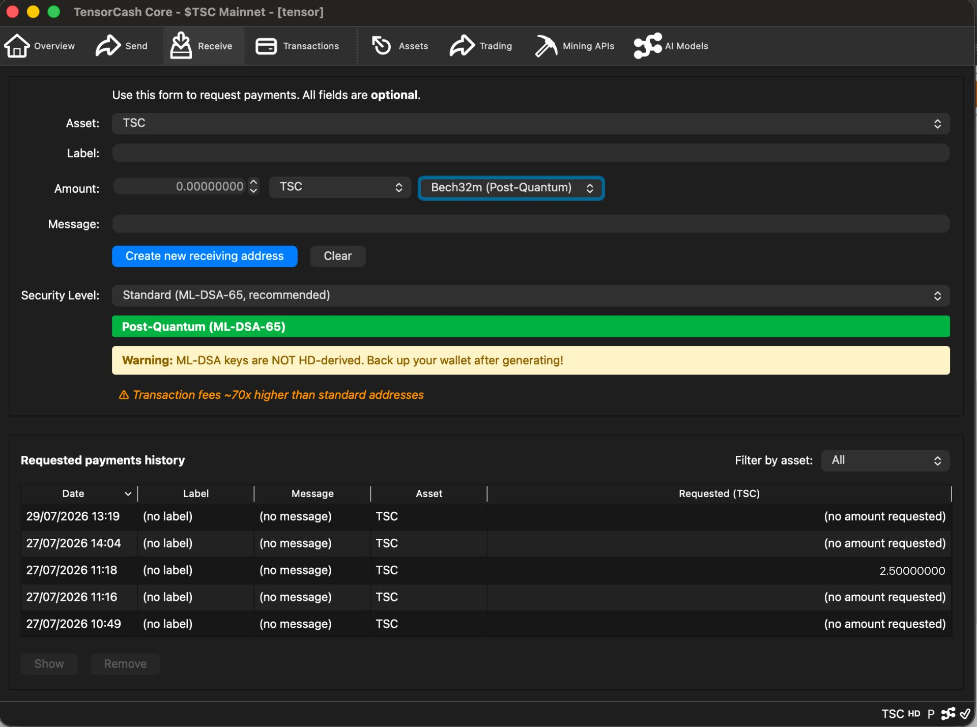 Creating a post-quantum receiving address in the TensorCash desktop wallet: the address-type dropdown set to "Bech32m (Post-Quantum)" and the security level to "Standard (ML-DSA-65, recommended)", with a green Post-Quantum banner and two warnings.
